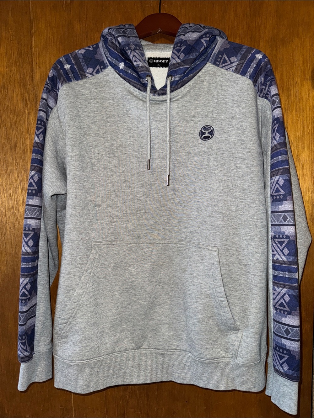 Hooey Light Gray Pullover Hoodie with Navy & Purple Aztec Trim